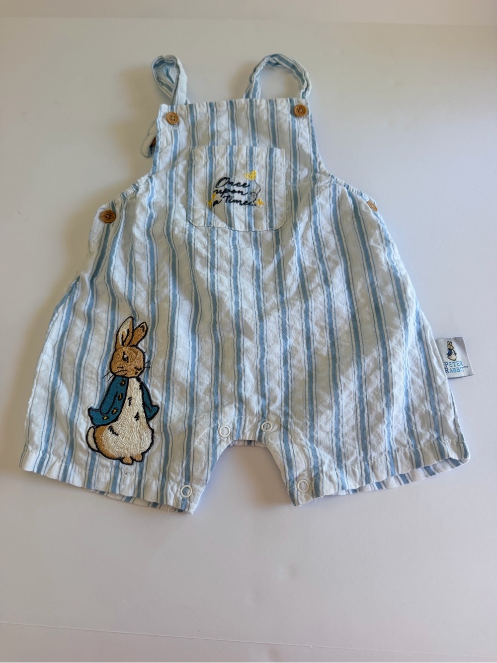 Peter Rabbit Baby Boy Shortalls 12M Blue Striped Seersucker Romper
